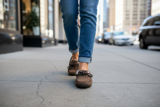 someone walking down the sidewalk wearing moccasins in the city