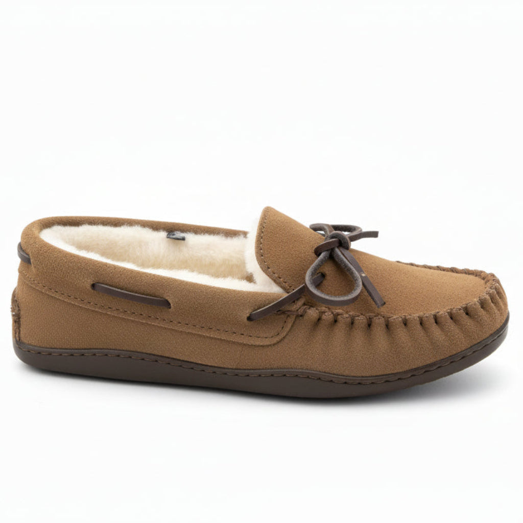 Brown slipper on a white surface, with a white background