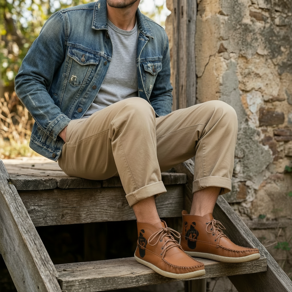Person wearing brown leather boots sitting on wooden steps with a rustic background