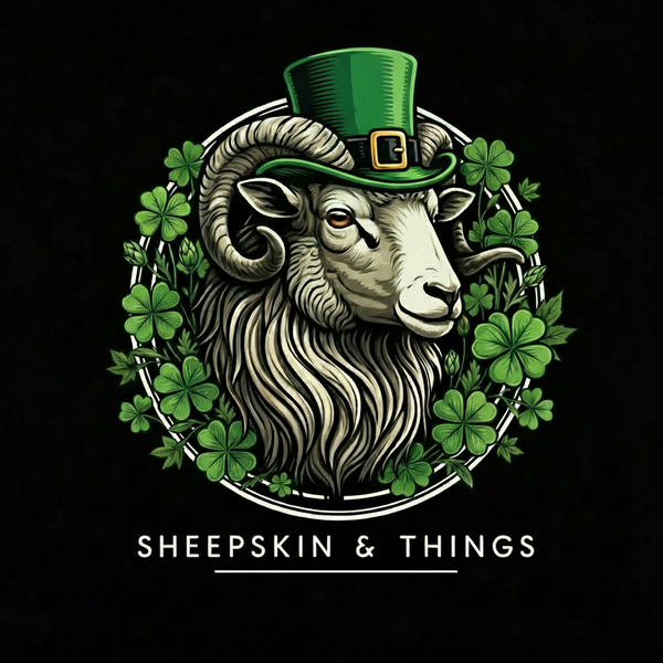 Sheep wearing a green top hat surrounded by shamrocks with 'Sheepskin & Things' text on a black background