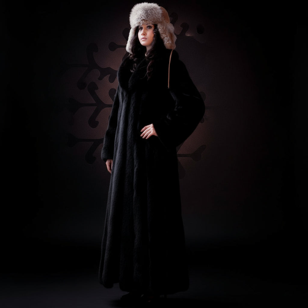 Person wearing a long black coat and fur hat against a dark background
