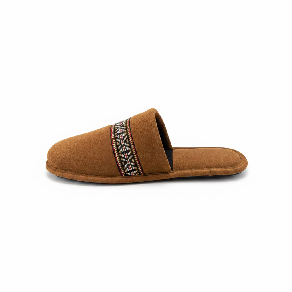 Brown slipper with decorative band on a white surface