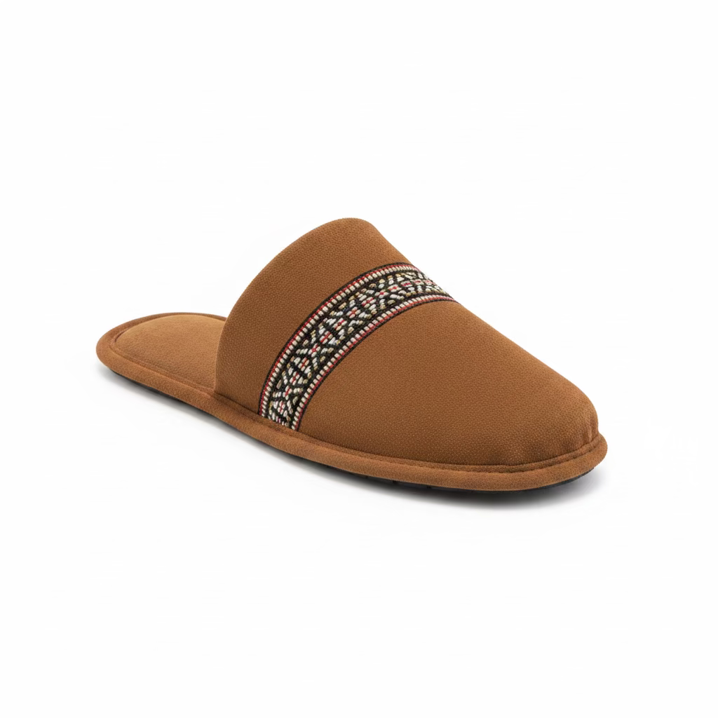 Brown slipper with decorative strap on a light gray surface