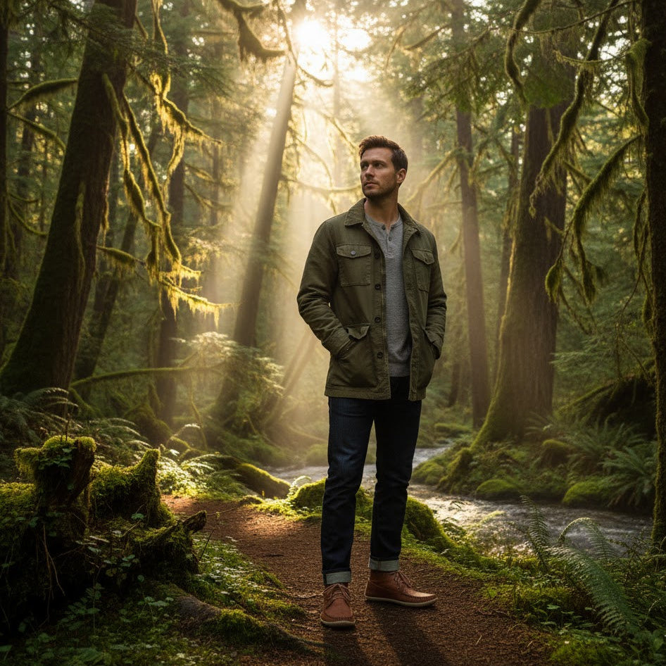 Man standing in a forest with sunlight filtering through the trees