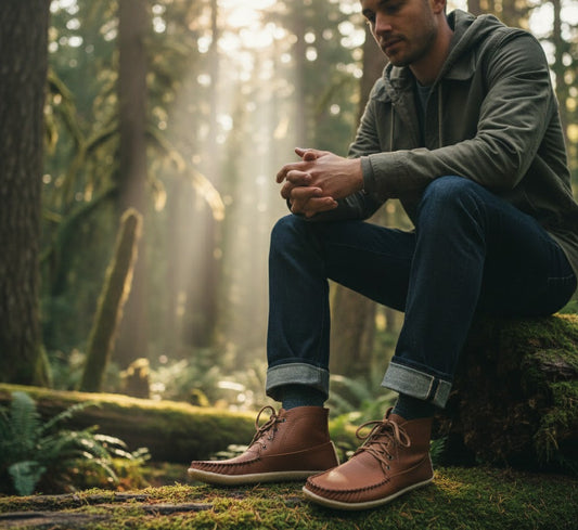Man sitting on a log in a forest wearing brown leather boots.