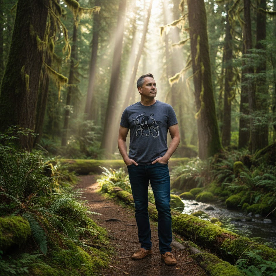 Man standing in a forest with sunlight filtering through the trees