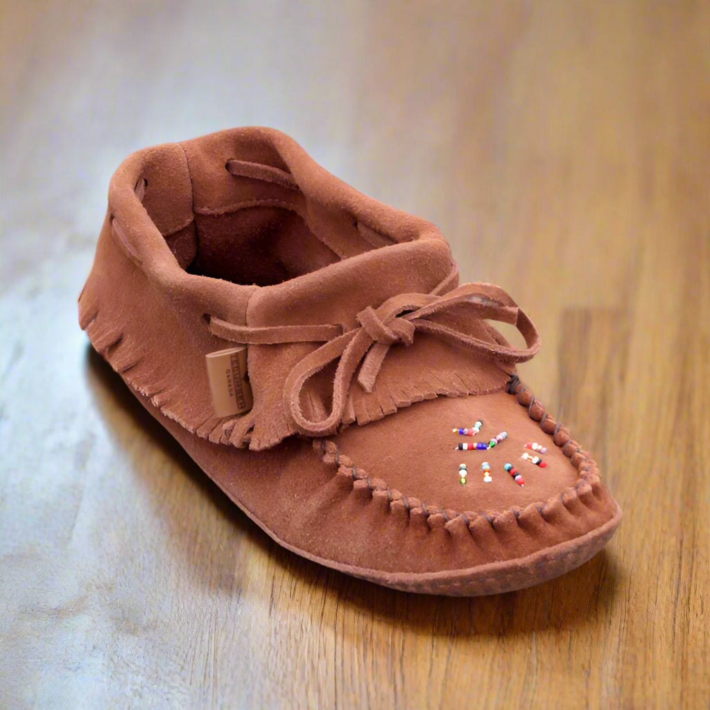 Women's Papoose Dark Tan Suede Moccasins With Sole And Ray Beading