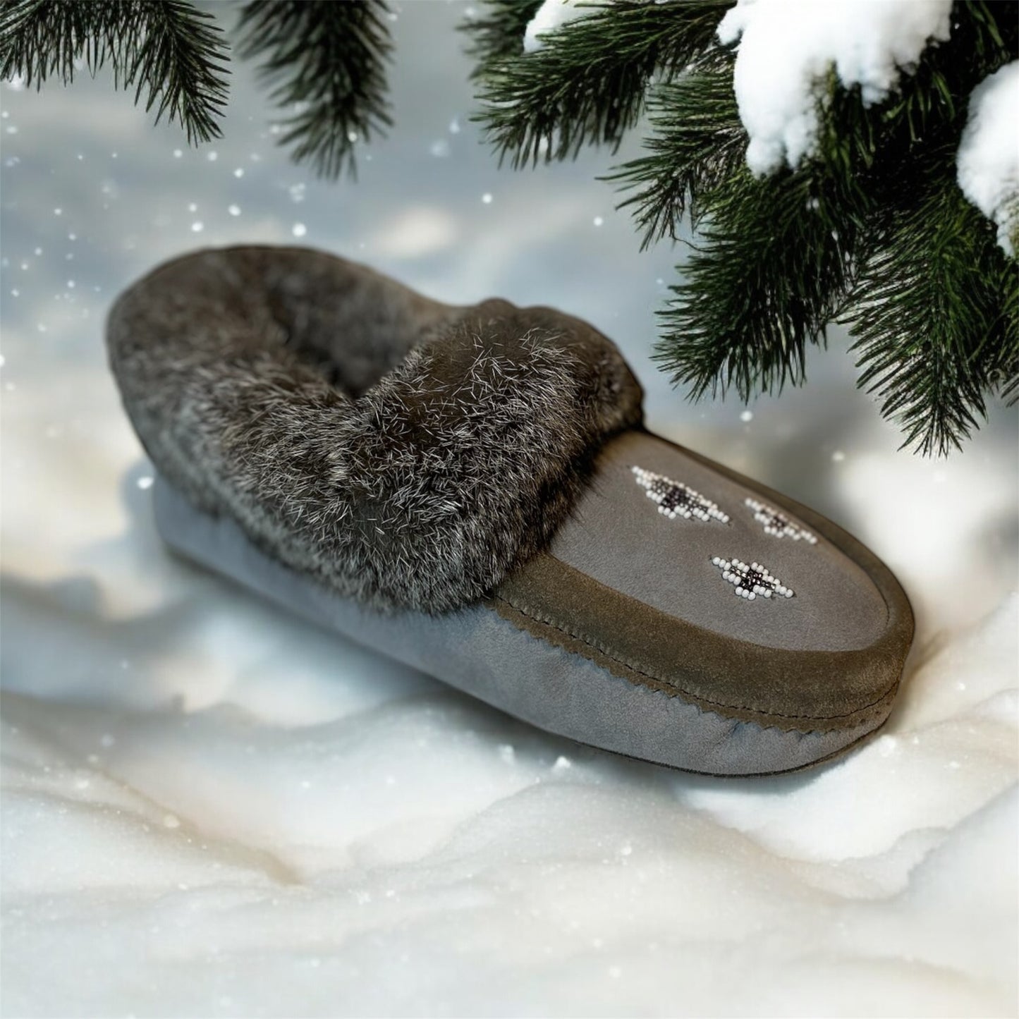 Womens Grey Sheepskin Moccasins With Grey Rabbit Fur Collar