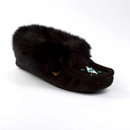 Black slipper with fur trim on a white background