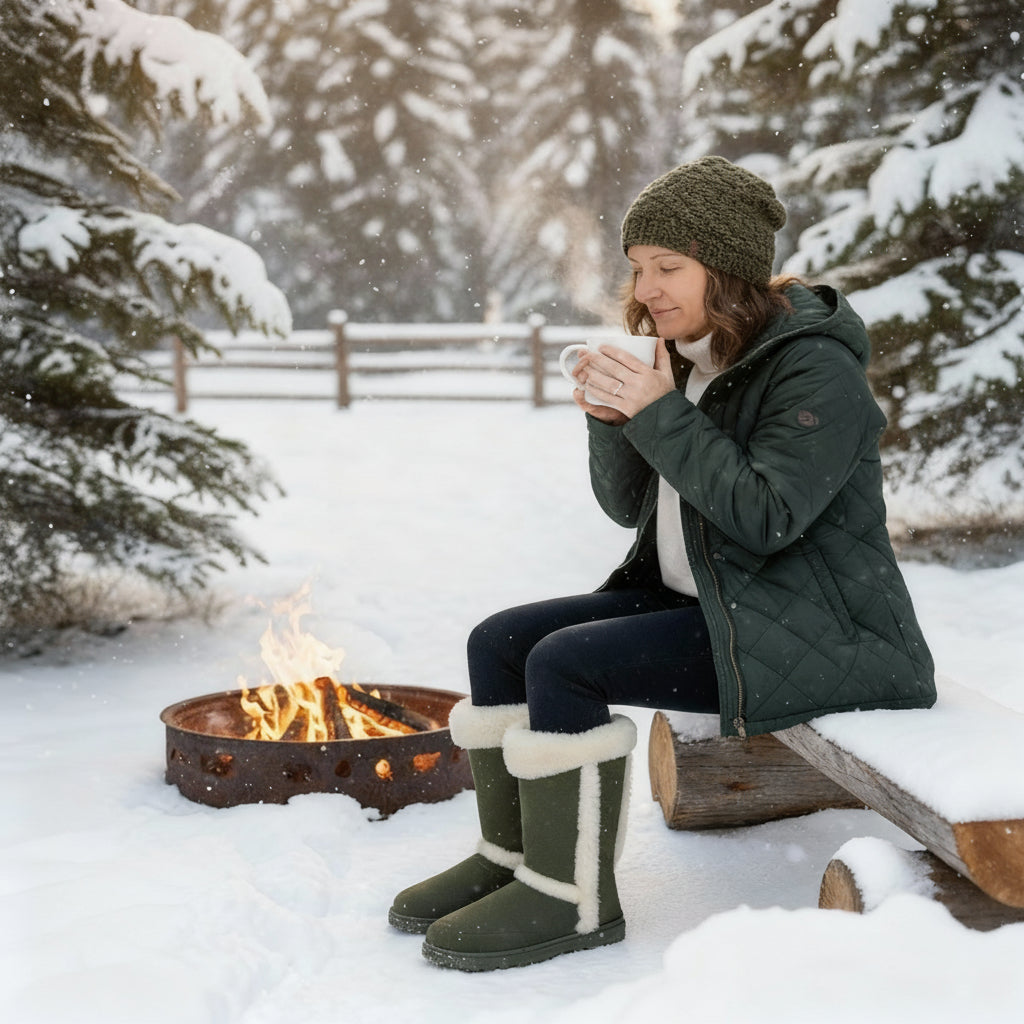 Person sitting by a campfire in the snow with trees in the background