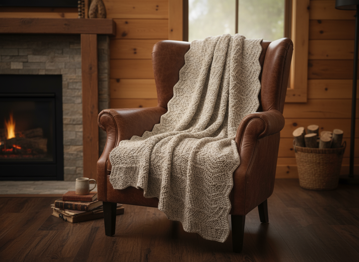 Brown armchair with a white knitted blanket in front of a fireplace in a cozy room.