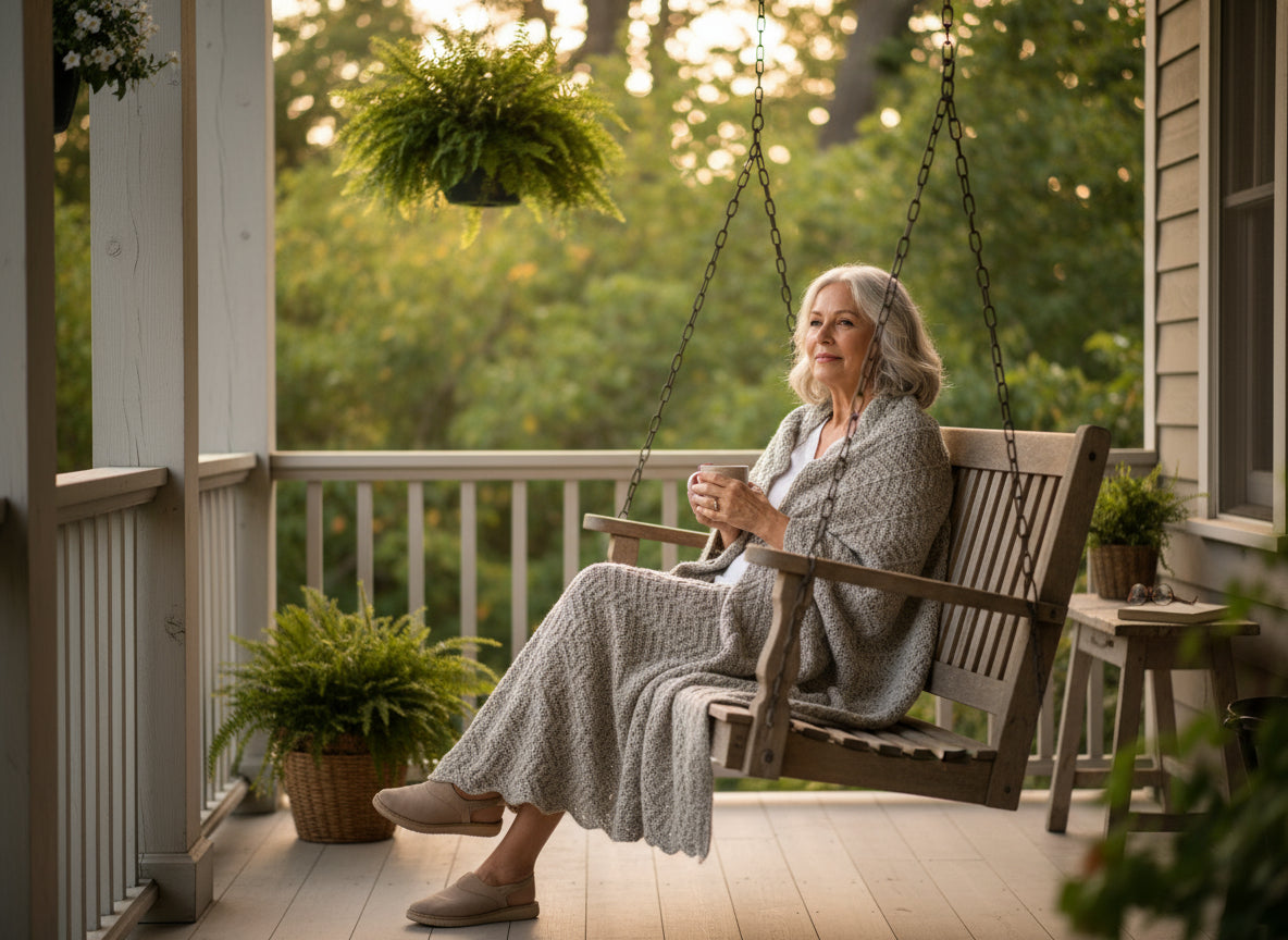Woman reading a magazine in a cozy living room with a blanket draped over her.