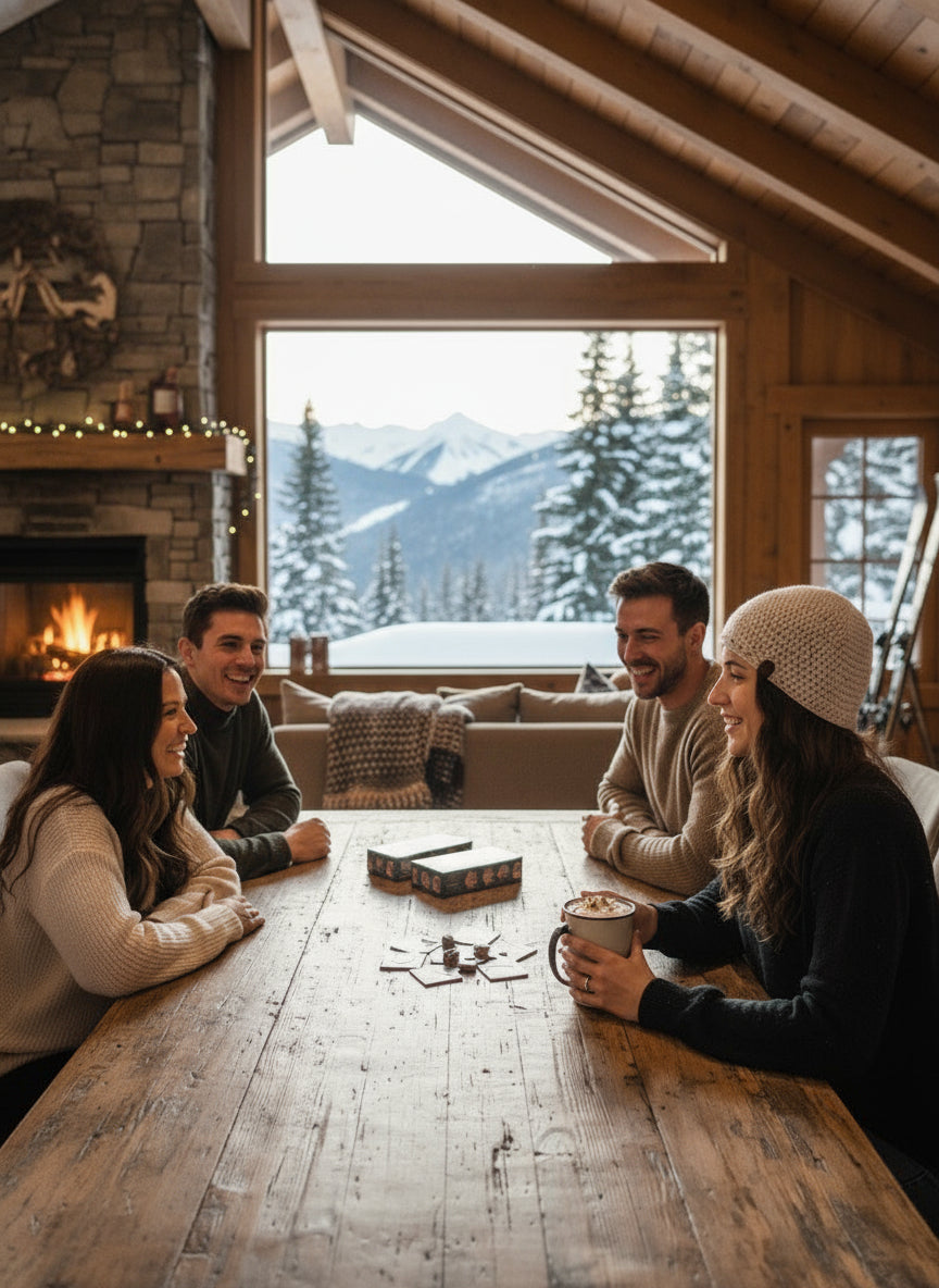 Four people sitting around a wooden table in a cozy cabin with a snowy mountain view.