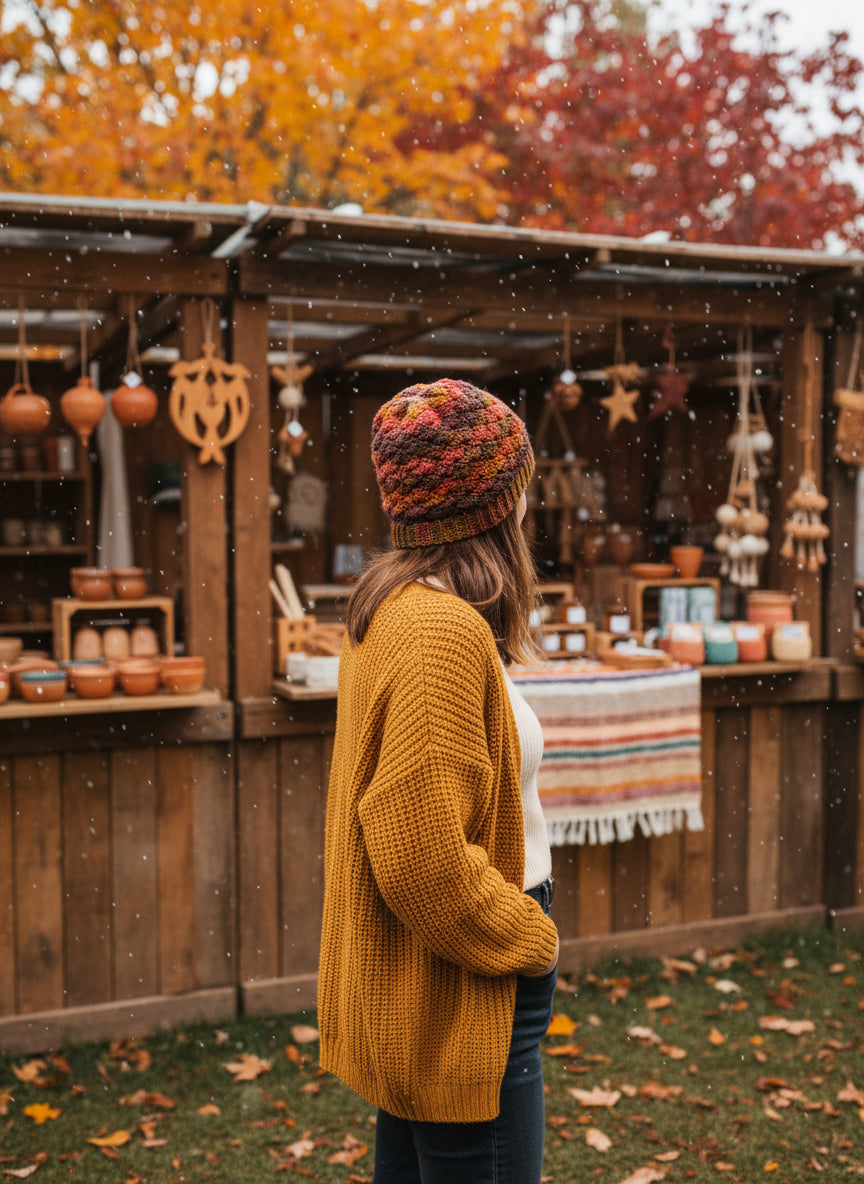 Person wearing a mustard yellow sweater and patterned hat standing in front of a wooden market stall with autumn foliage.