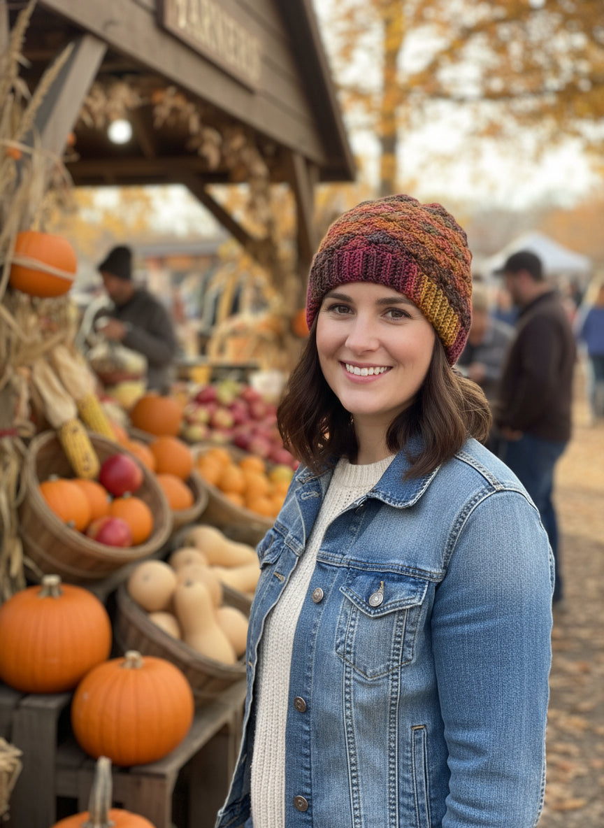 Woman in a fall market with pumpkins and autumn decorations