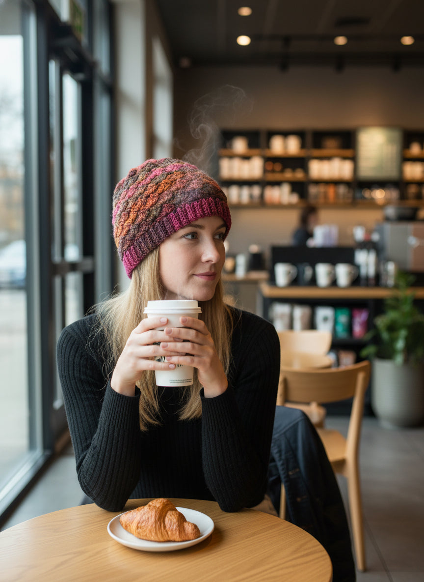 Woman in a cozy cafe holding a coffee cup and a pastry.