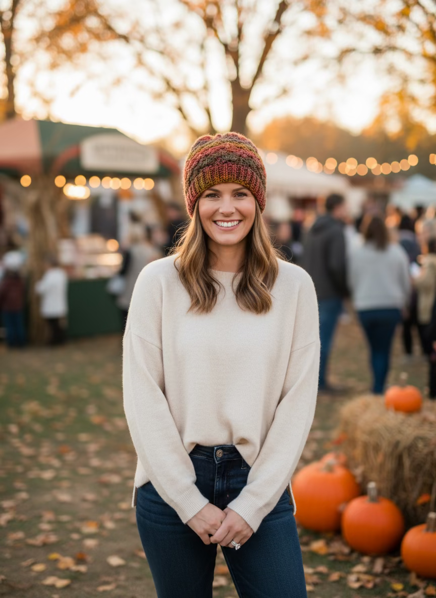 Woman wearing a beige sweater and colorful beanie standing in an outdoor setting with pumpkins and people in the background.
