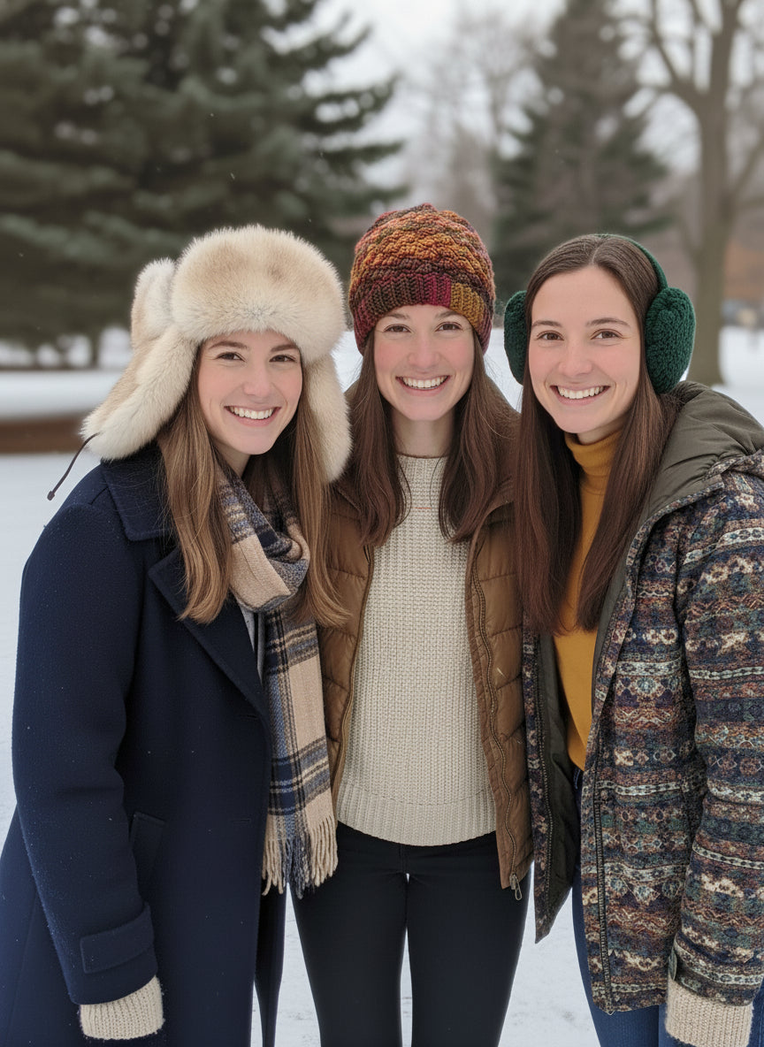 Three women standing together in a snowy outdoor setting, wearing winter clothing and hats.