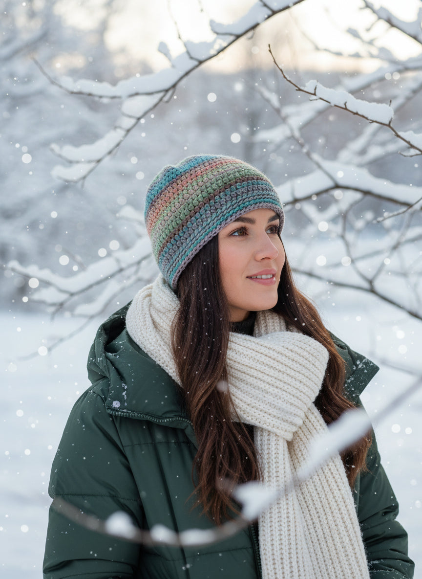 Multicolored striped beanie on a gray background