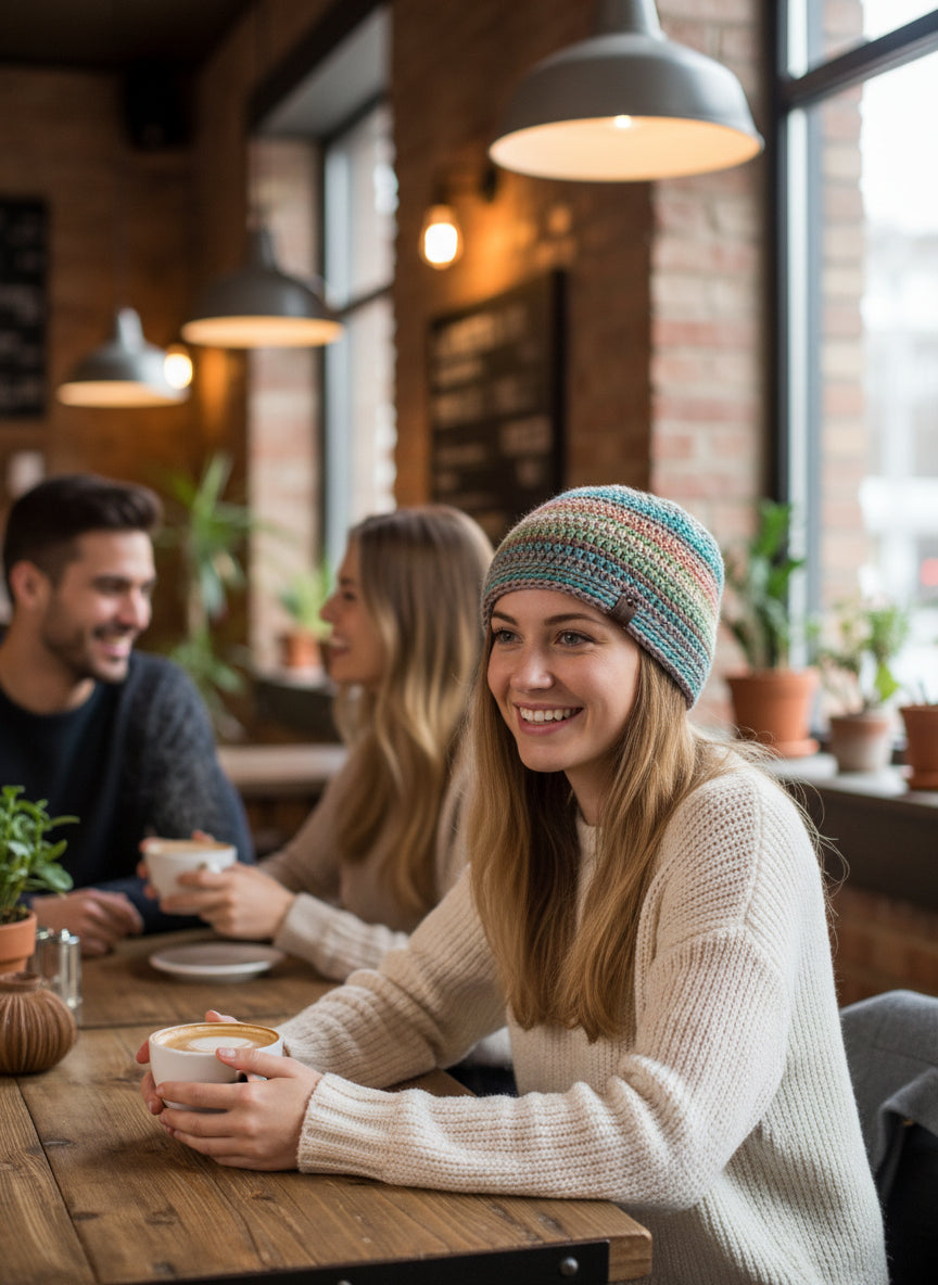 Multicolored striped beanie on a gray background