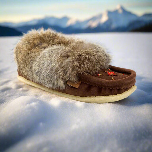 Women's Chocolate Suede and Brown Rabbit Fur Moccasins With Rubber Sole