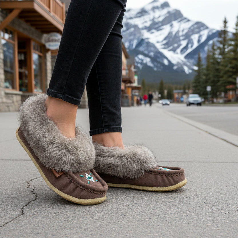 Person wearing grey slippers with fur trim on a street with mountains in the background