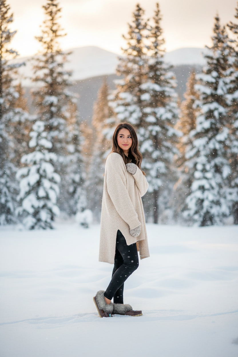grey moccasin slipper with gray fur on a snowy surface
