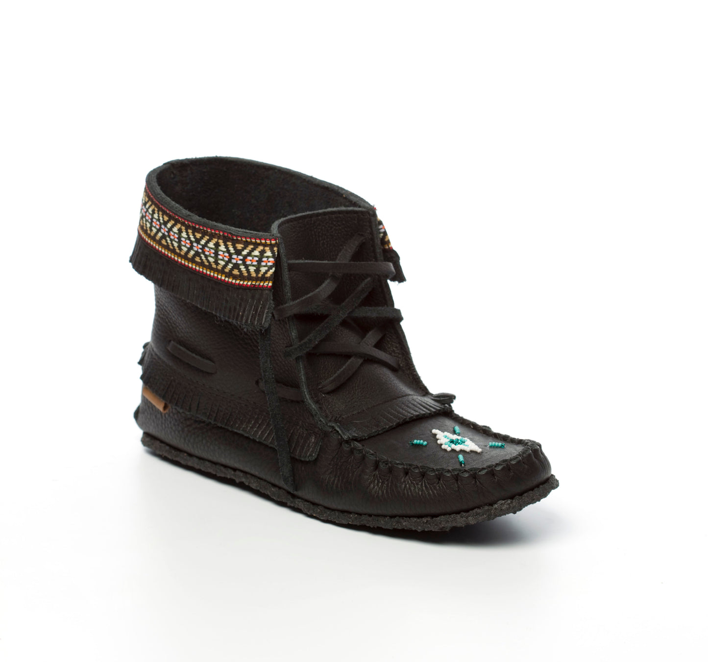 Black Cowhide Leather Concho Moccasin Boots With Fringe And Indian Braid Trim With Beaded Vamp By Tecumseh Canada