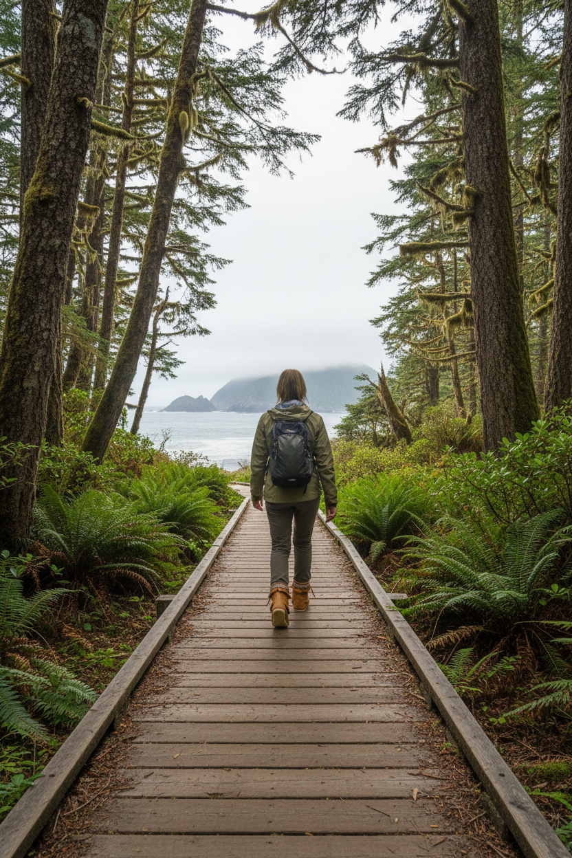 Person walking on a wooden path through a forest towards a body of water.