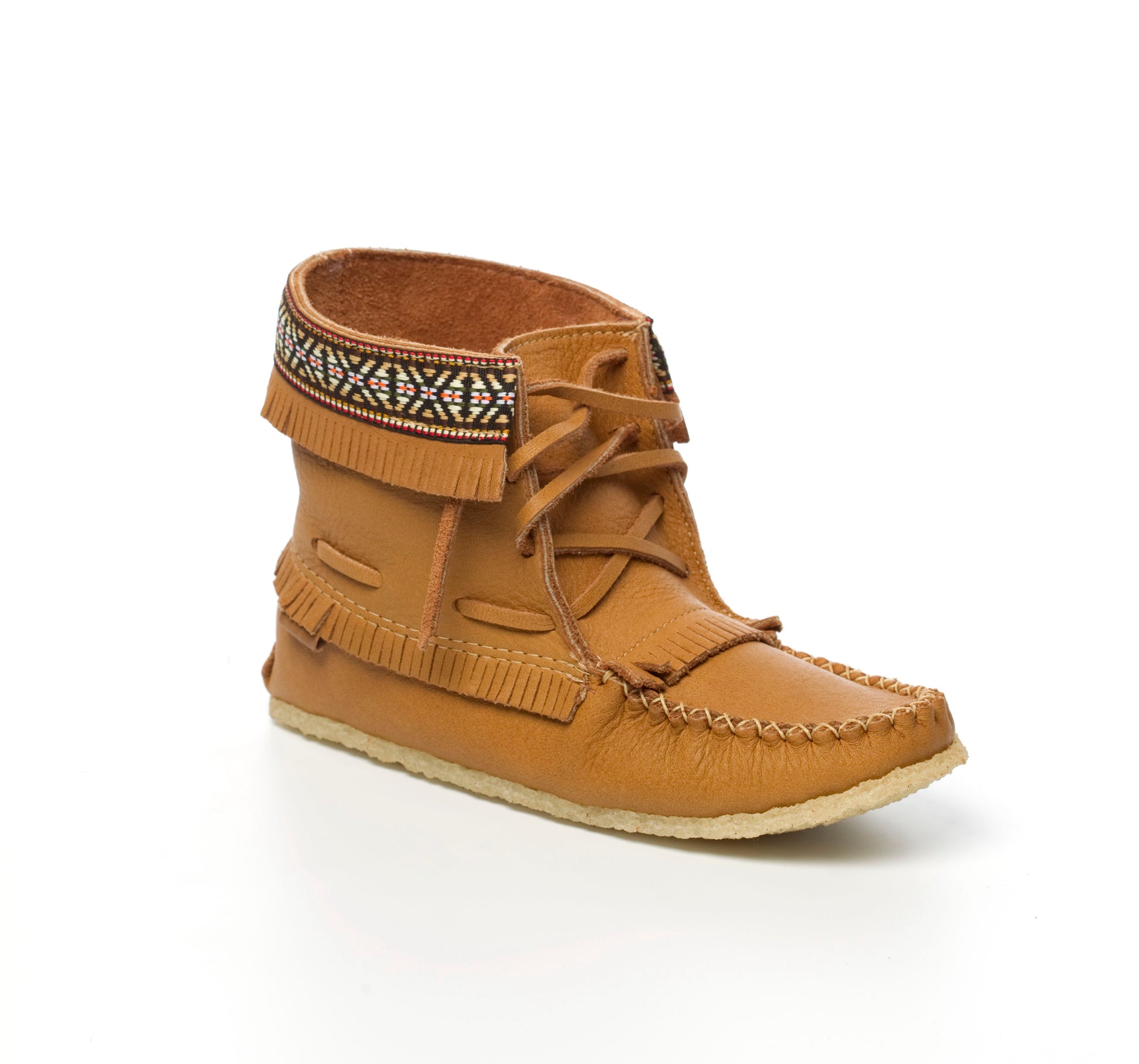 Brown moccasin-style shoe with decorative elements on a white background