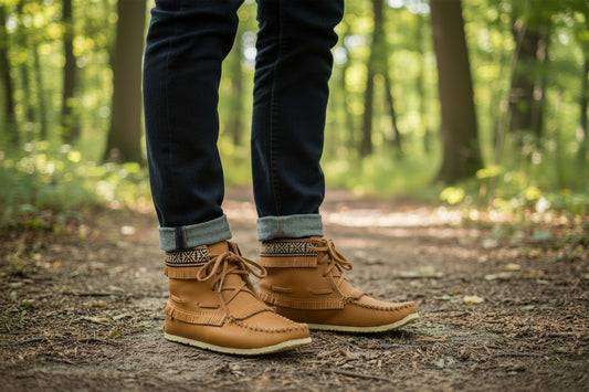 Tan moccasin boot with decorative pattern on a male  on a forest trail, featuring the brand 'Tecumseh'.