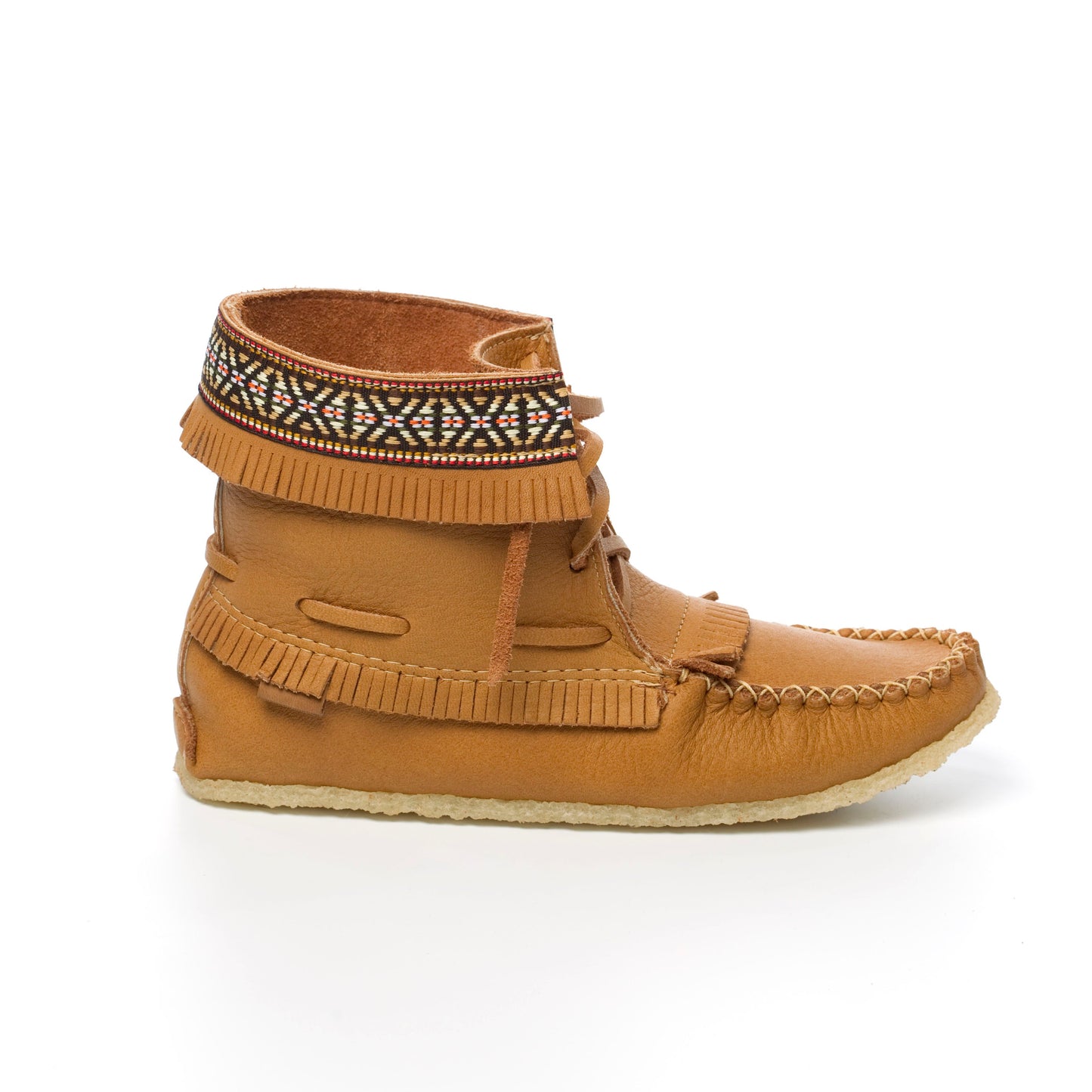 Brown moccasin-style shoe with decorative elements on a white background