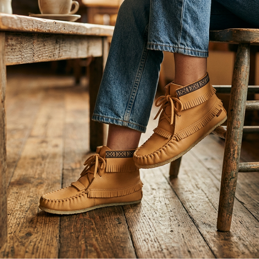 A person sitting in a rustic cafe wearing tan moccasin-style ankle boots with fringe and laces, paired with blue jeans. The person holds a white cup while sitting on a wooden stool.