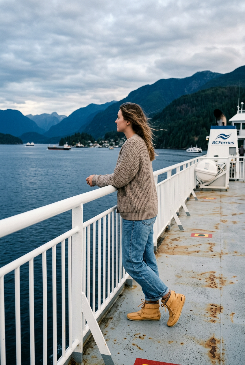 A woman stands on a ferry deck overlooking a fjord with mountains in the background, wearing a beige knit sweater, blue jeans, and tan boots. The ferry railing and water are visible, with a cloudy sky overhead.