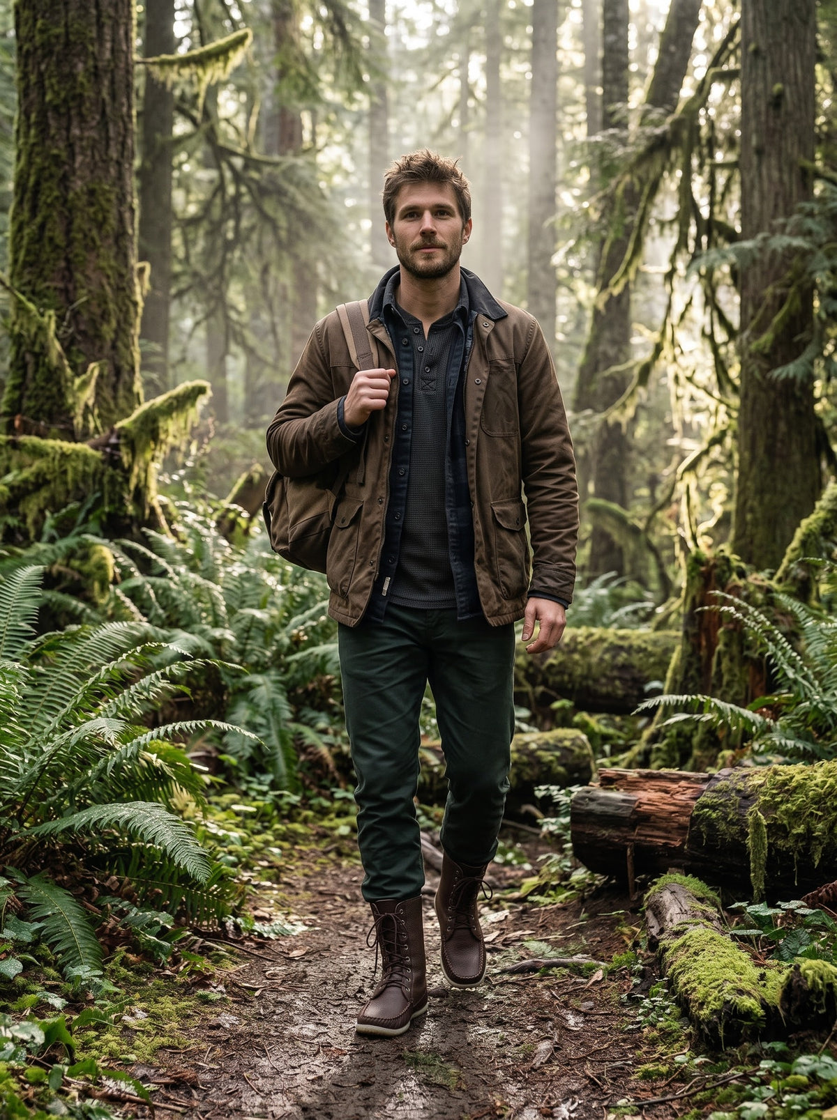 man in the outdoors BC Canada earing mens mukluks