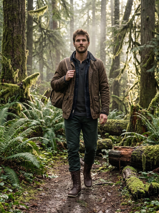 man in the outdoors BC Canada earing mens mukluks
