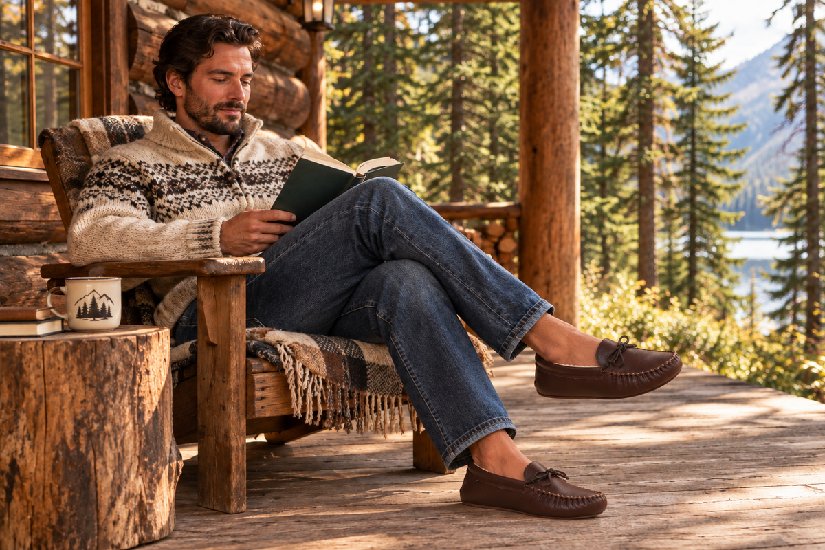 Man reading a book and wearing moccasins and a cowichan sweater