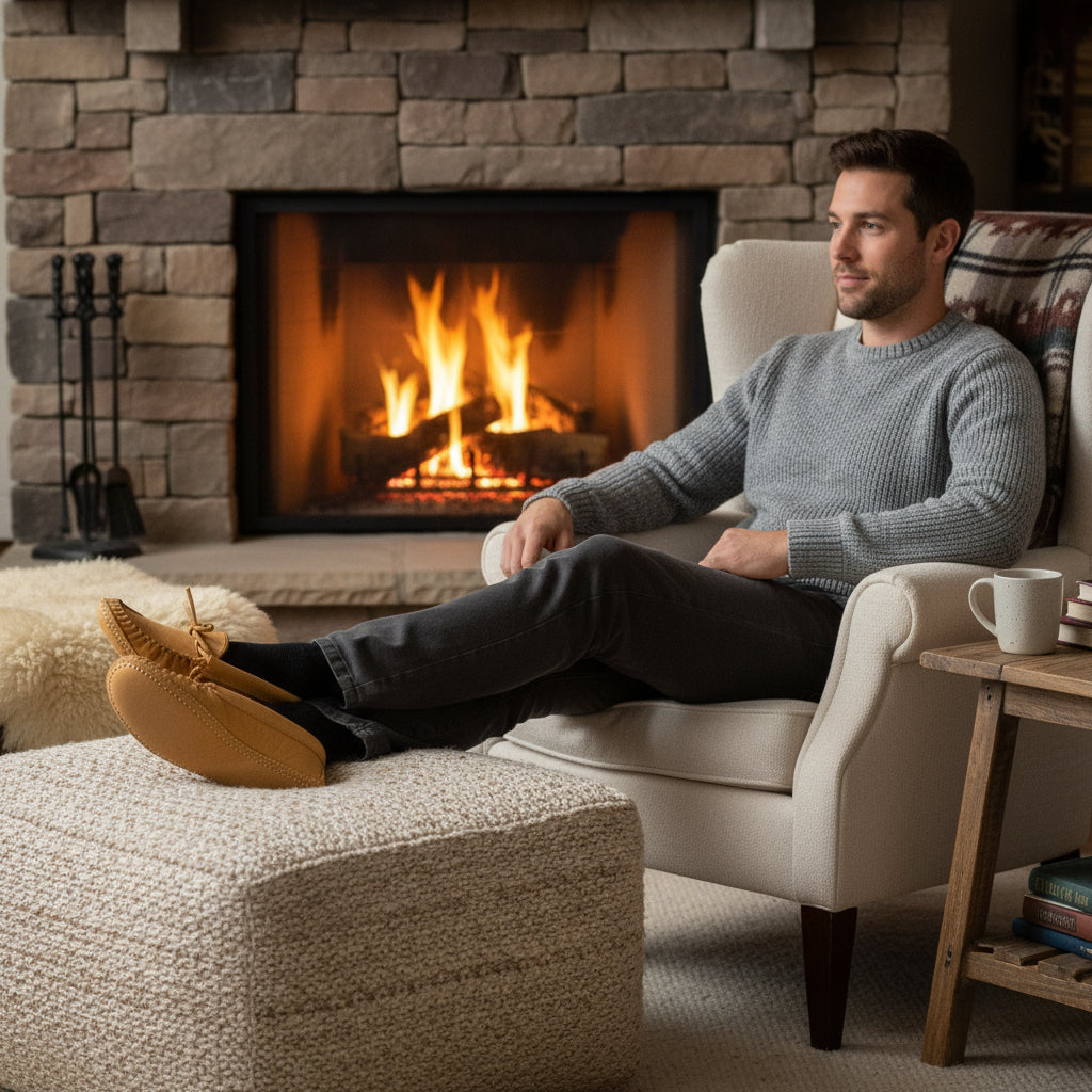 Man sitting in a cozy living room with a fireplace wearing moccasins 