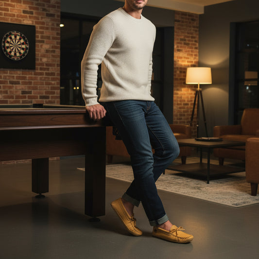 man standing against pool table in game room wearing moccasins 