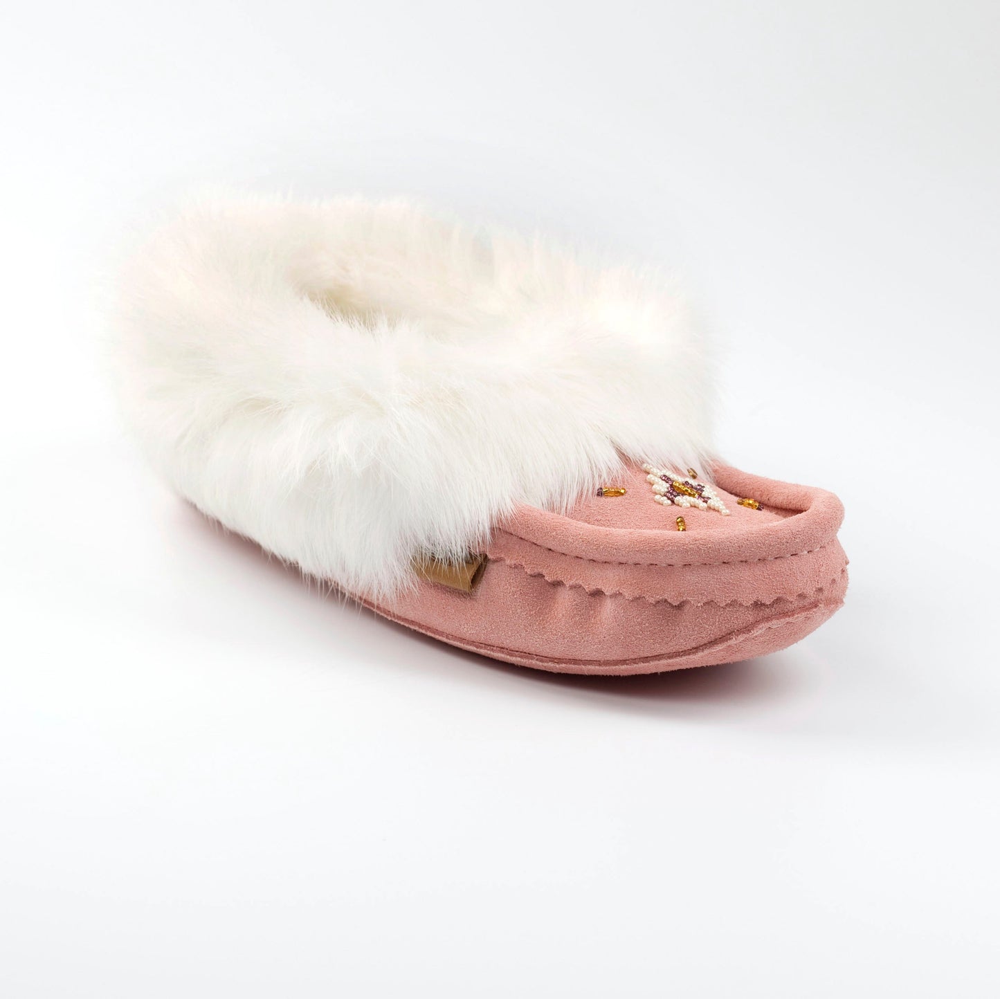The Canmore Handcrafted Pink & White Rabbit Fur Moccasin Slippers | Women's
