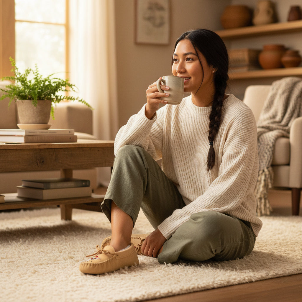 Beige moccasin slipper with embroidered details on a wooden surface