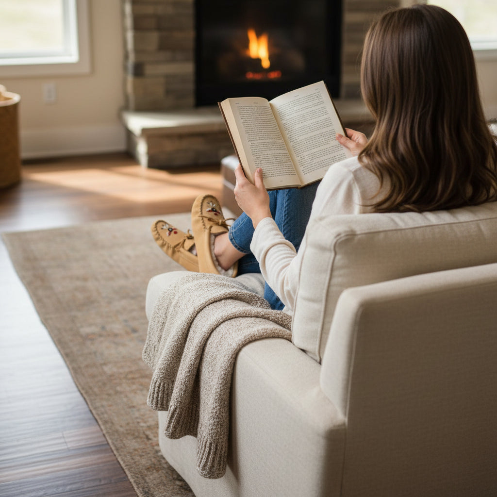 Beige moccasin slipper with embroidered details on a wooden surface
