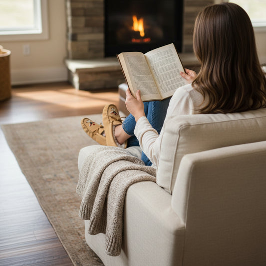 Beige moccasin slipper with embroidered details on a wooden surface