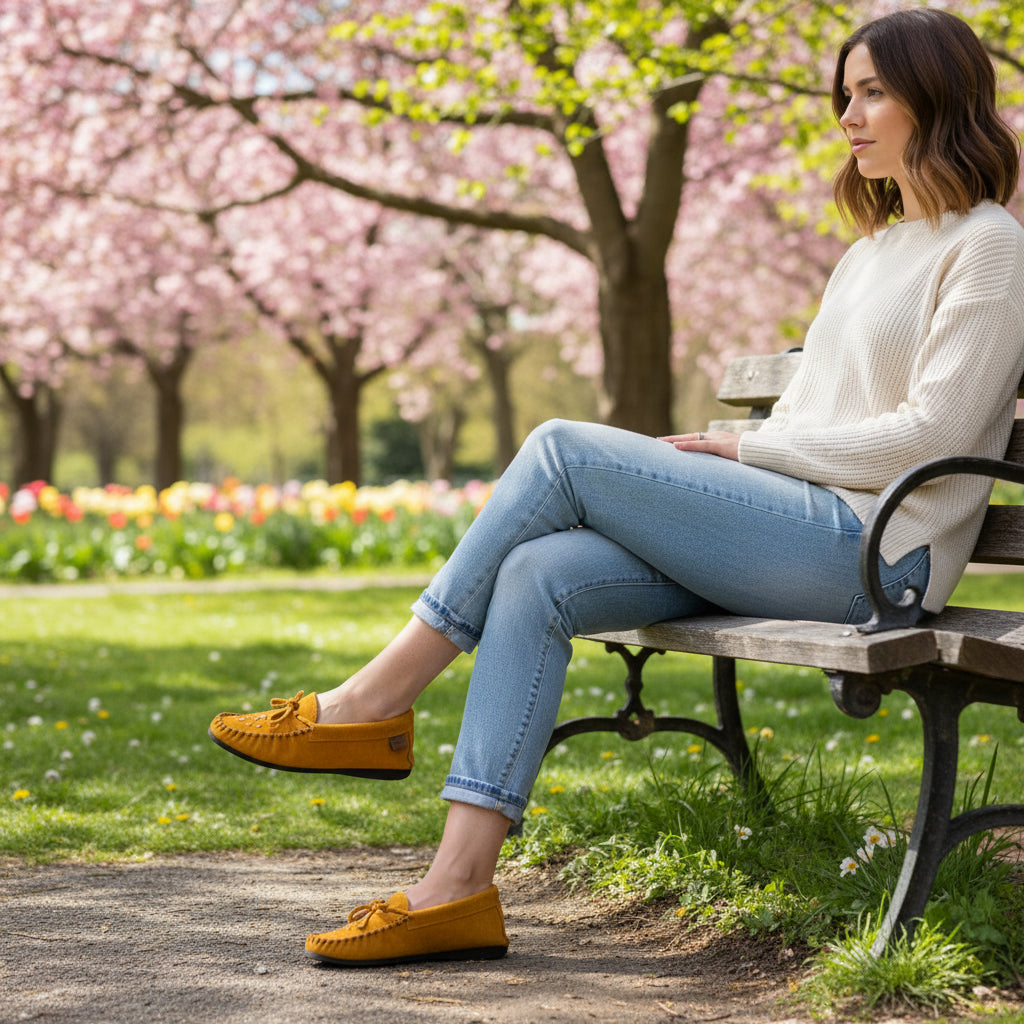 woman sitting on a park bench wearing a indian tan  slipper with a black sole