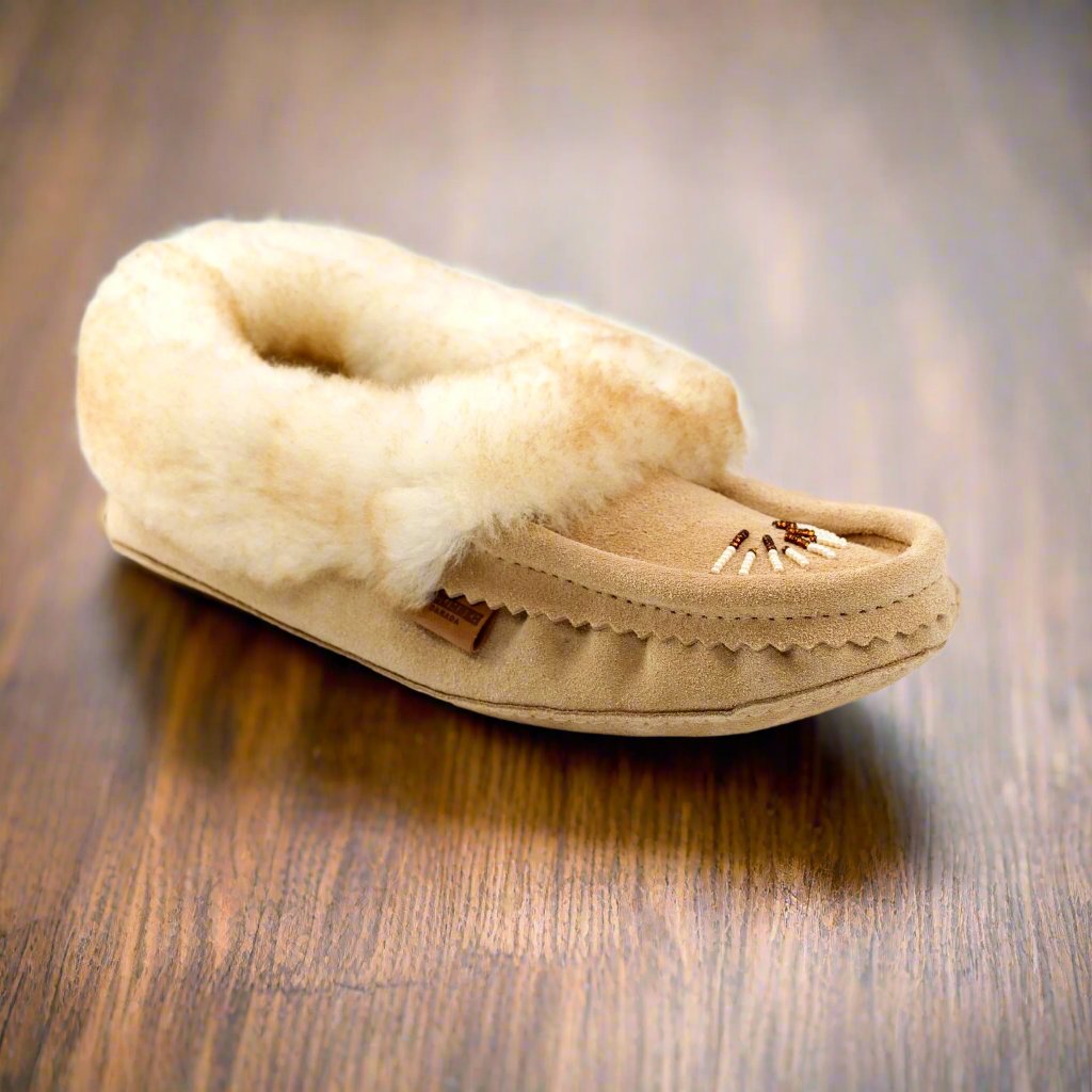 Women's Sand Suede Moccasins With Sheepskin Footbed, Lining, And Collar