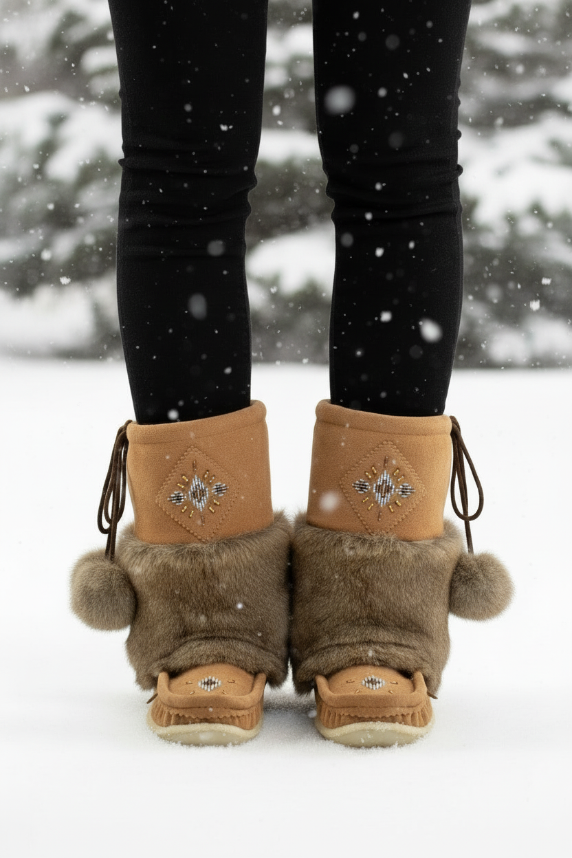 Brown winter boots with fur trim worn by a person in a snowy landscape