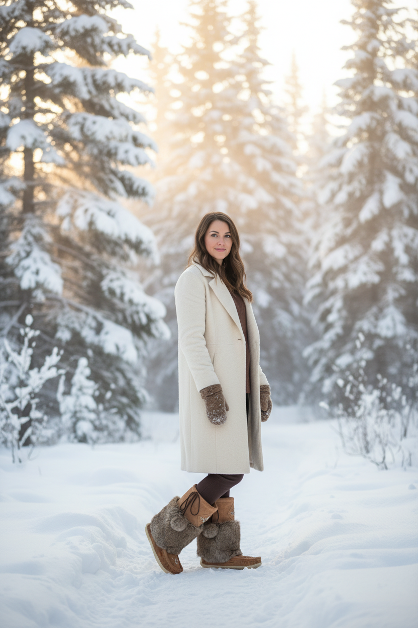 Woman in a white coat and brown boots standing in a snowy forest with sunlight filtering through the trees.