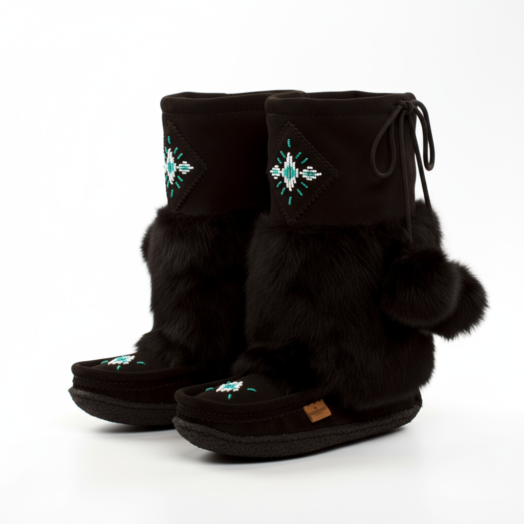Black mukluks with fur trim and green embroidered designs on a white background