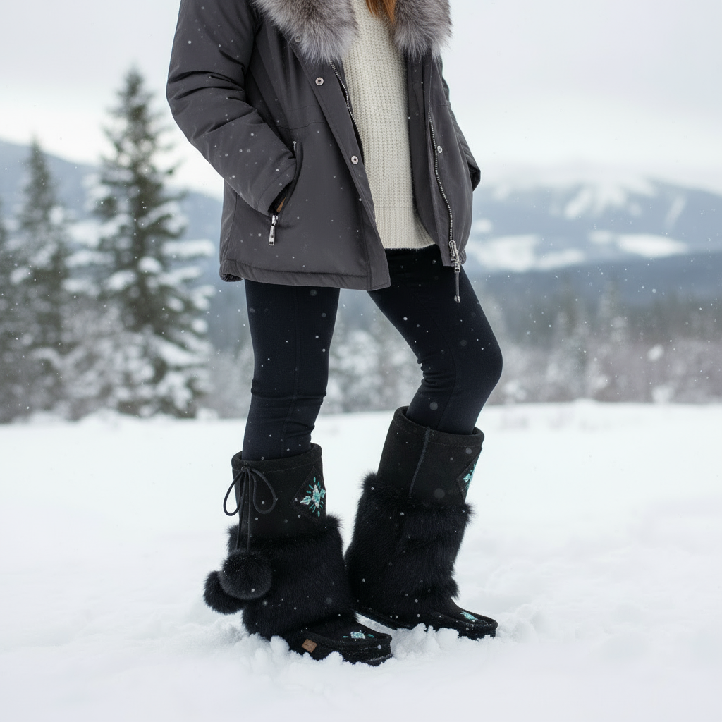 Person wearing black winter boots with fur trim in a snowy landscape