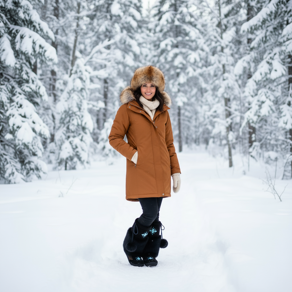 Woman in a snowy forest wearing a blue coat and black boots.